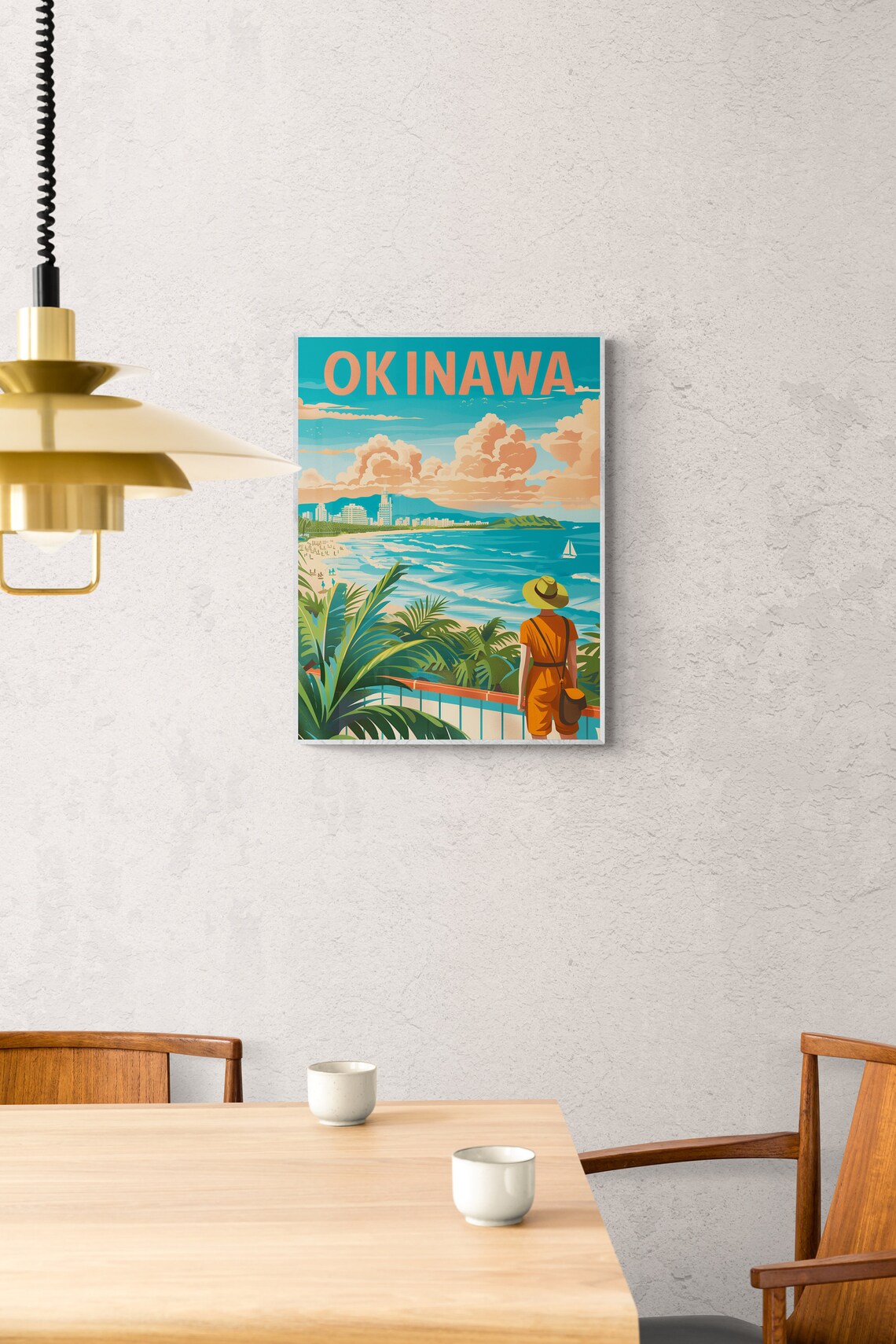 Okinawa Turquoise Beach Woman Yellow Hat Tropical Travel Poster - Image 3
