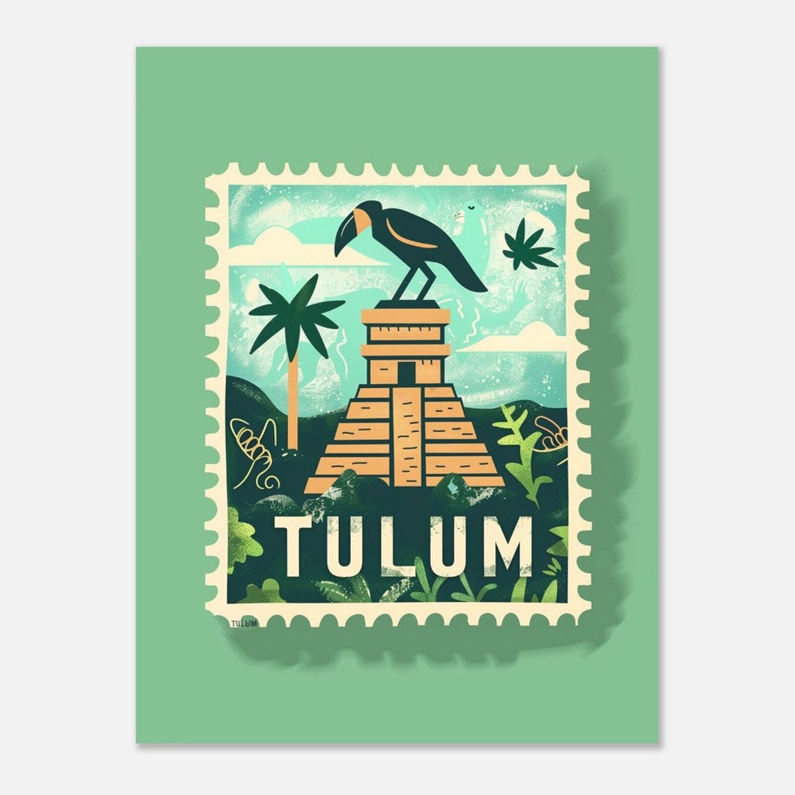 Tulum Mexico Mayan Pyramid Toucan Retro Stamp Travel Art Poster - Image 2