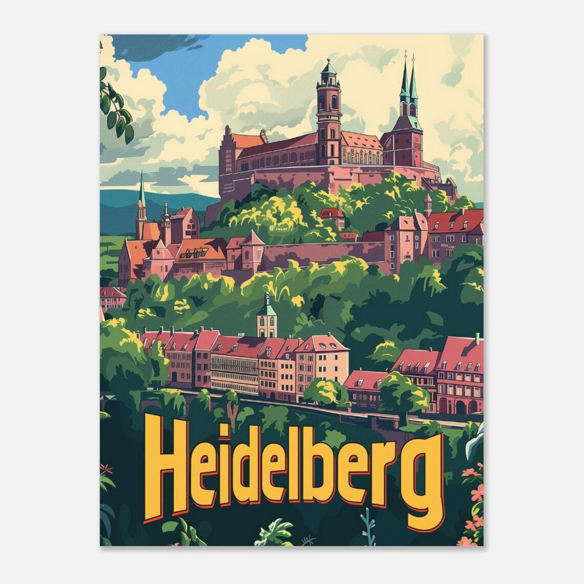 Heidelberg Germany Castle Hill Old Town Church Vintage Travel Poster - Image 2