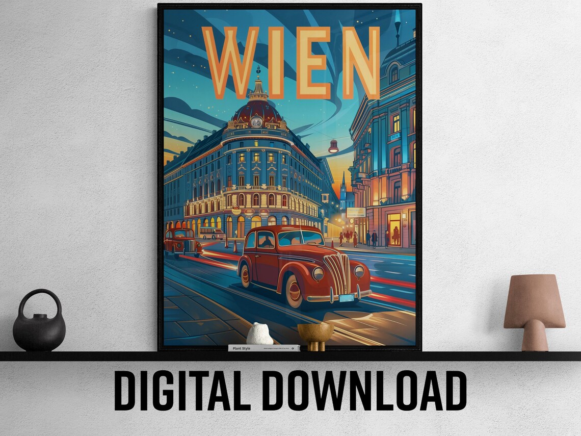 Vienna Night Street Red Vintage Cars Historic Buildings Travel Poster - Image 3