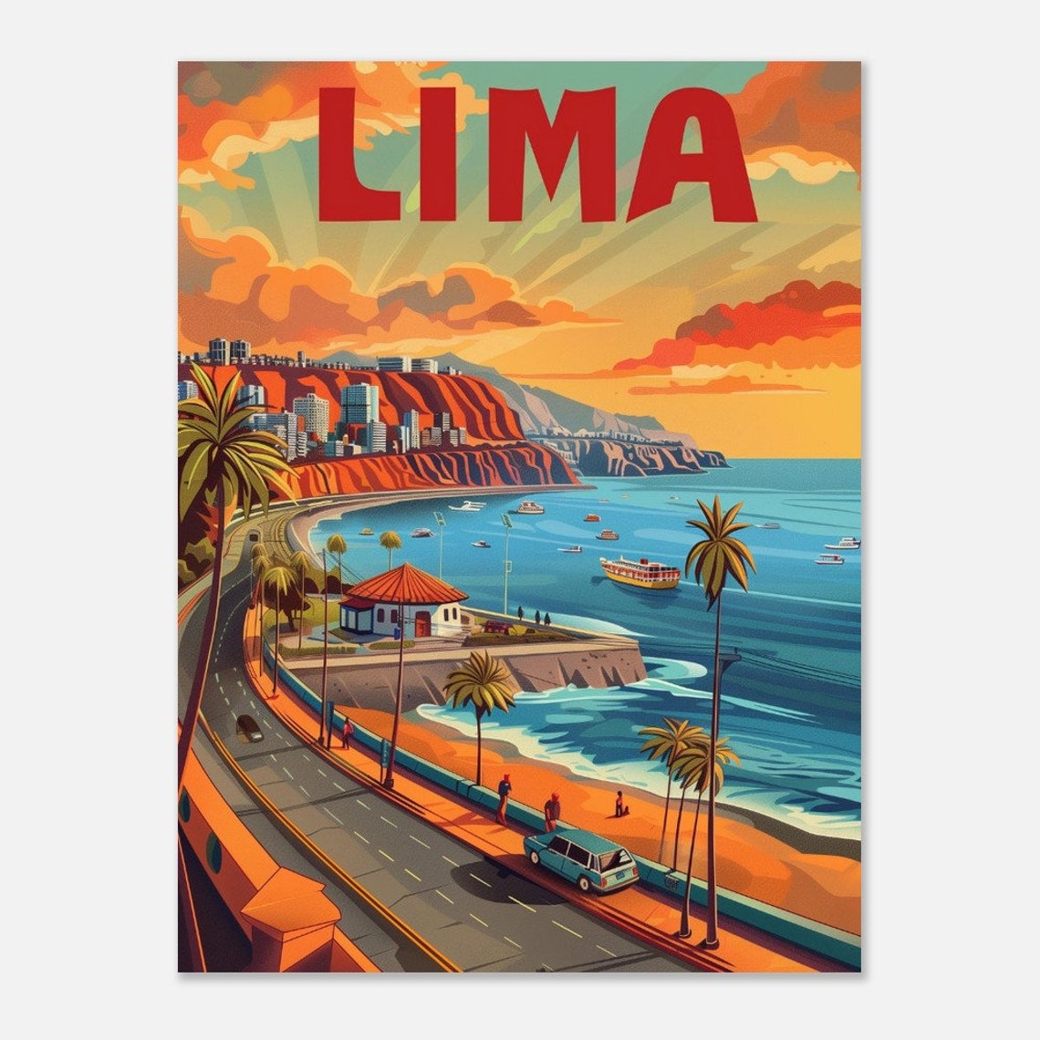 Lima Peru Miraflores Cliffs Pacific Coast Sunset Vintage Travel Poster - Image 2
