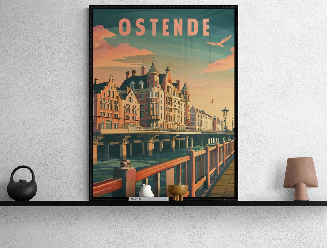 Ostend Belgium Waterfront Promenade Pier Sunset Sky Travel Poster