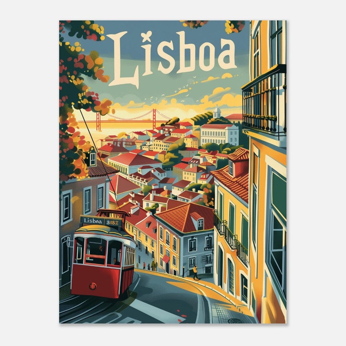 Lisboa Alfama Tram Hillside Bridge City View Vintage Travel Poster - Image 2