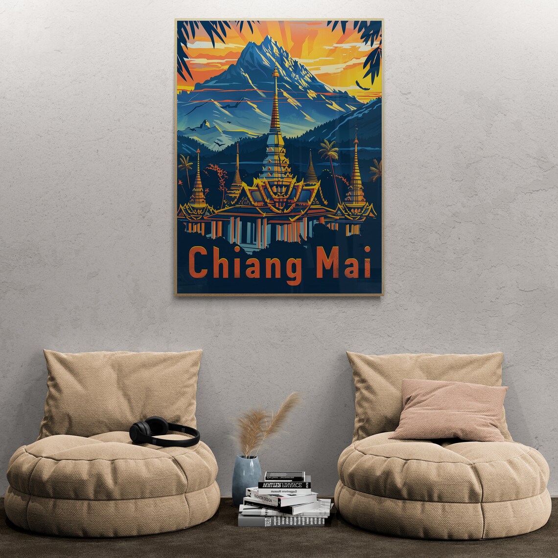 Chiang Mai Golden Temple Chedi Mountain Sunset Thailand Travel Poster - Image 3