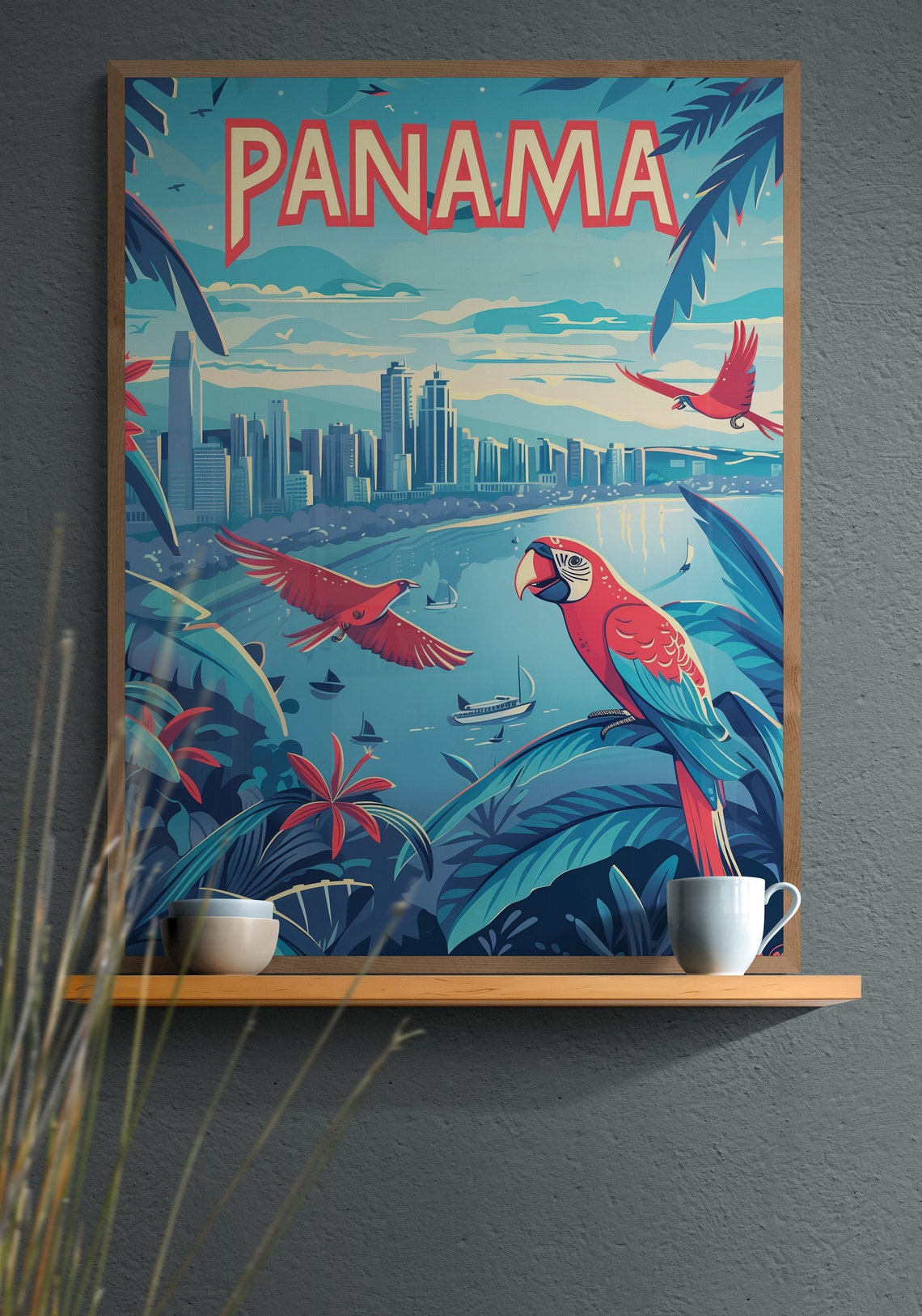Panama Macaws and Bay Skyline Vintage Wildlife Travel Poster
