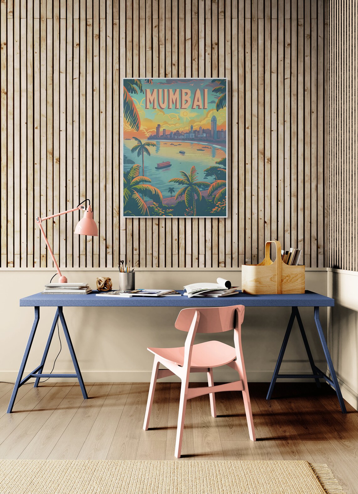 Mumbai India Marine Drive Palm Trees Bay Sunset Vintage Travel Poster - Image 4