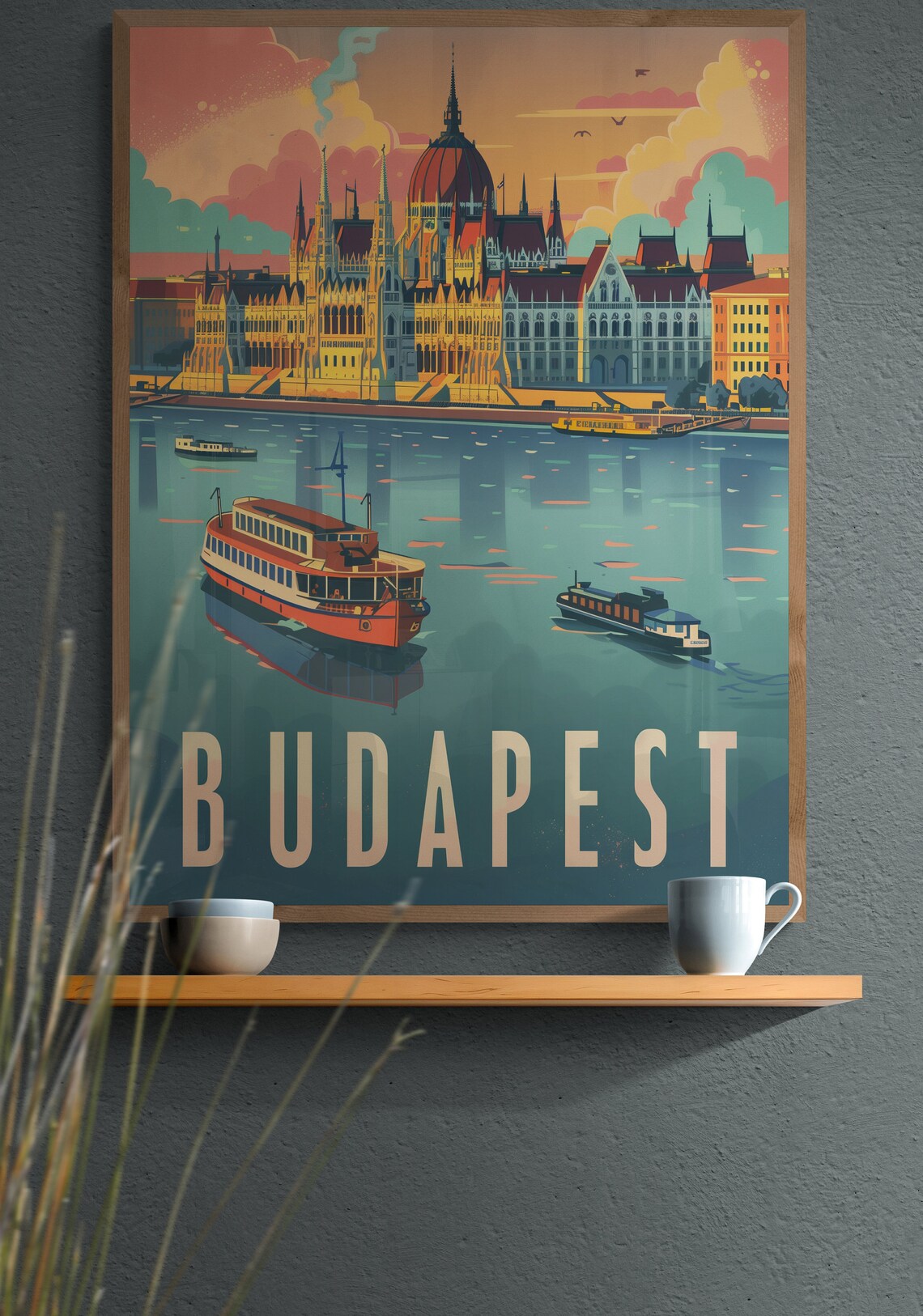 Budapest Parliament Building Danube River Boats Sunset Travel Poster - Image 2