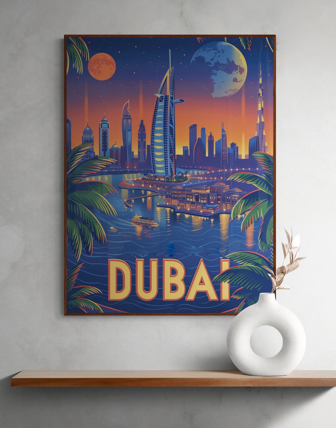 Dubai Burj Al Arab Night Skyline Moonlight City Travel Poster