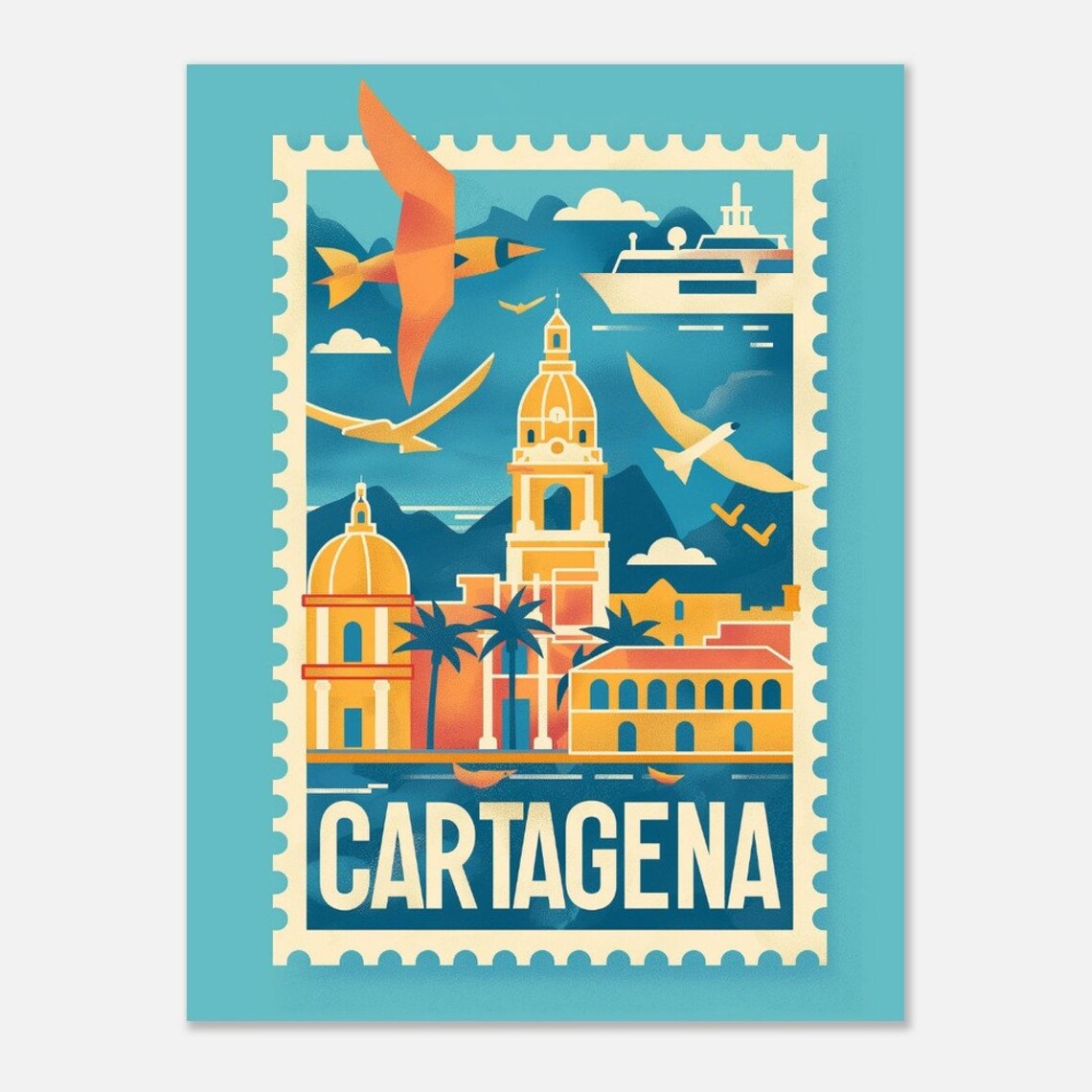 Cartagena Colonial Towers Seabirds Vintage Travel Stamp Poster - Image 2