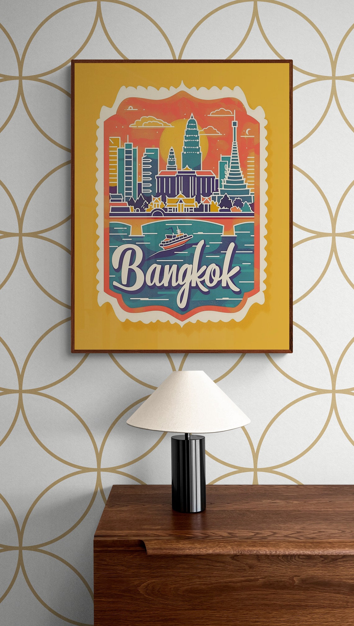 Bangkok Thailand Temples River Boat Vintage Travel Stamp Poster - Image 3