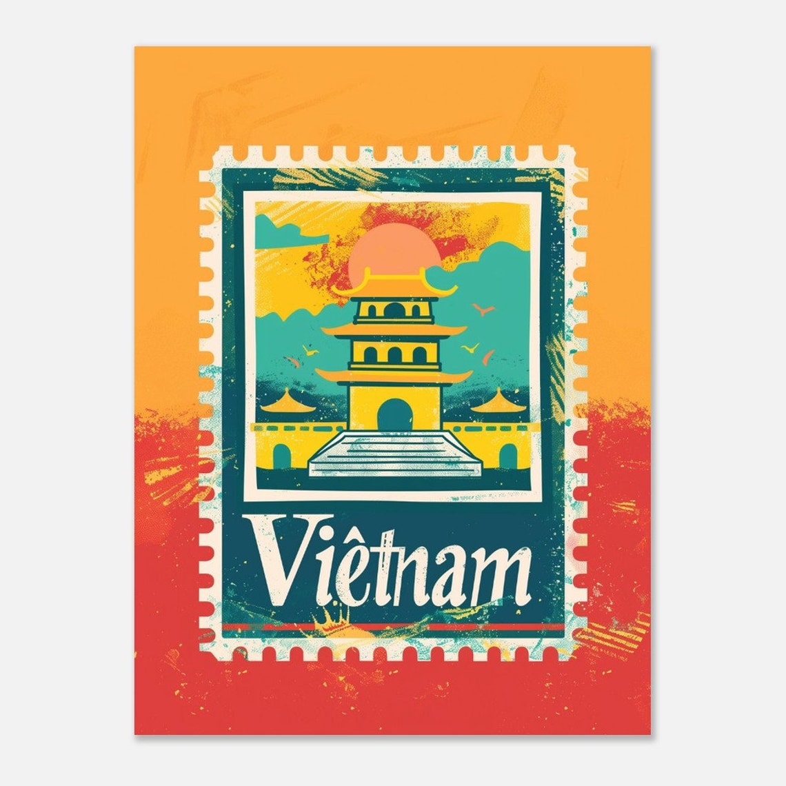 Vietnam Golden Pagoda Tower Sunset Retro Stamp Style Travel Poster - Image 2