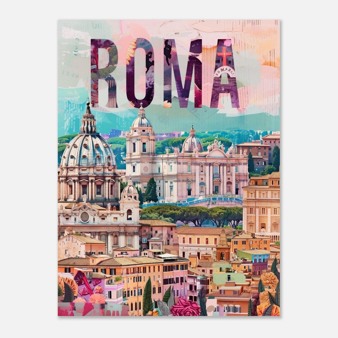 Roma Rome Domes Basilica Pink Collage Letters Vintage Travel Poster - Image 2