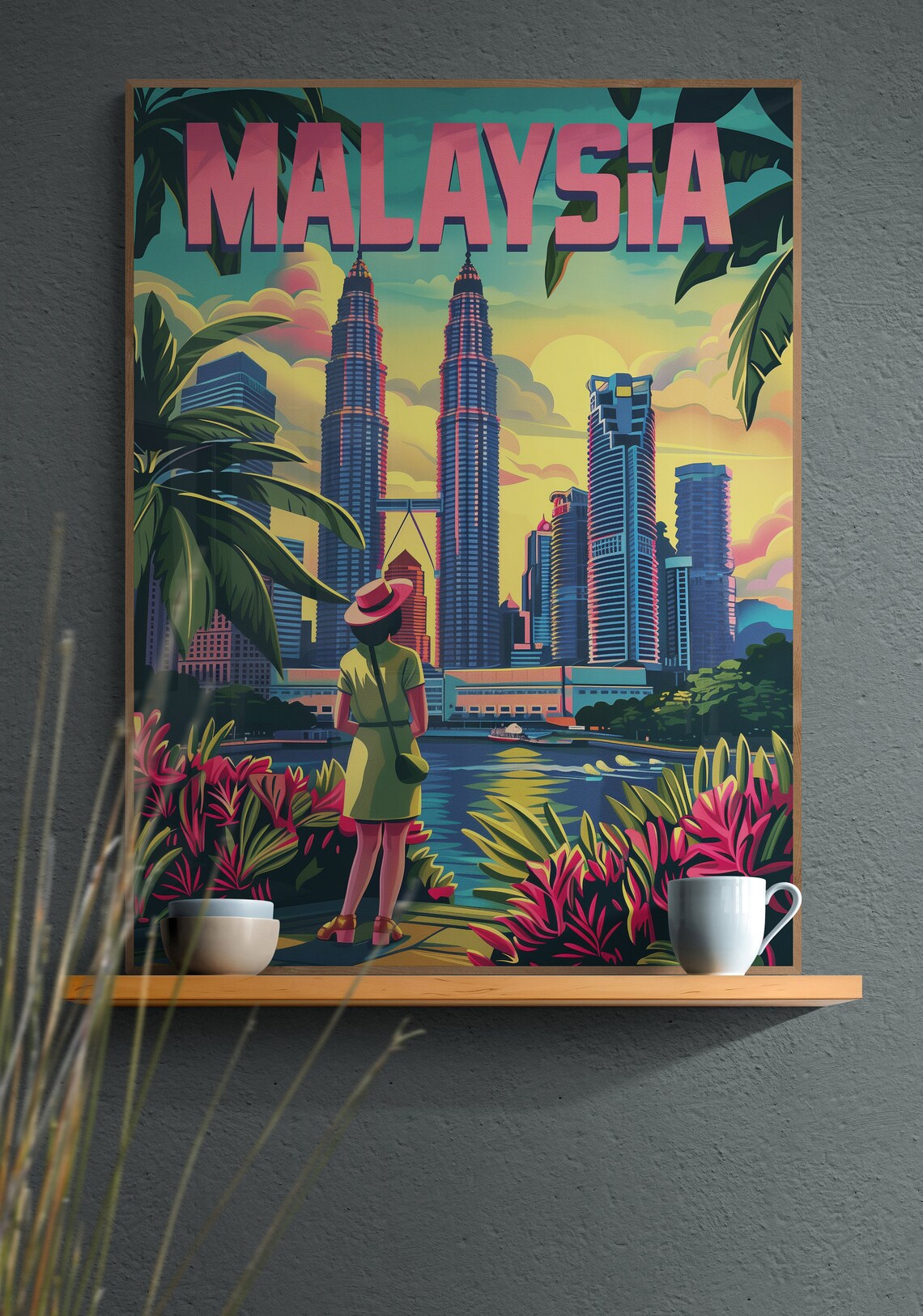 Malaysia Petronas Towers Tropical City Skyline Travel Poster - Image 2