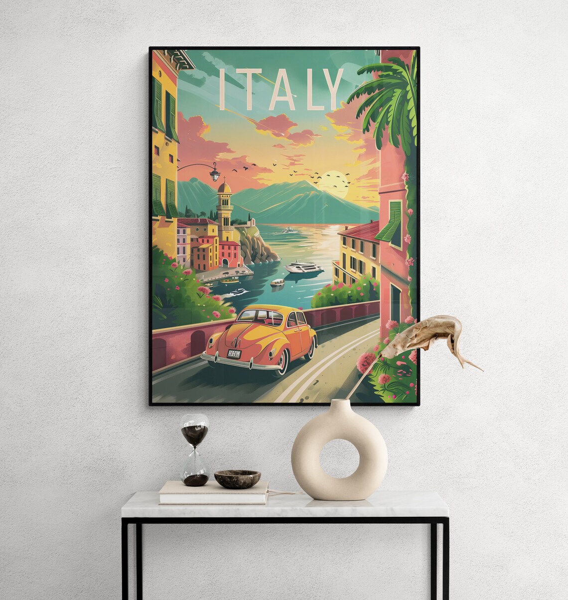 Italy Lakeside Town Vintage Red Car Sunset Travel Wall Poster - Image 3