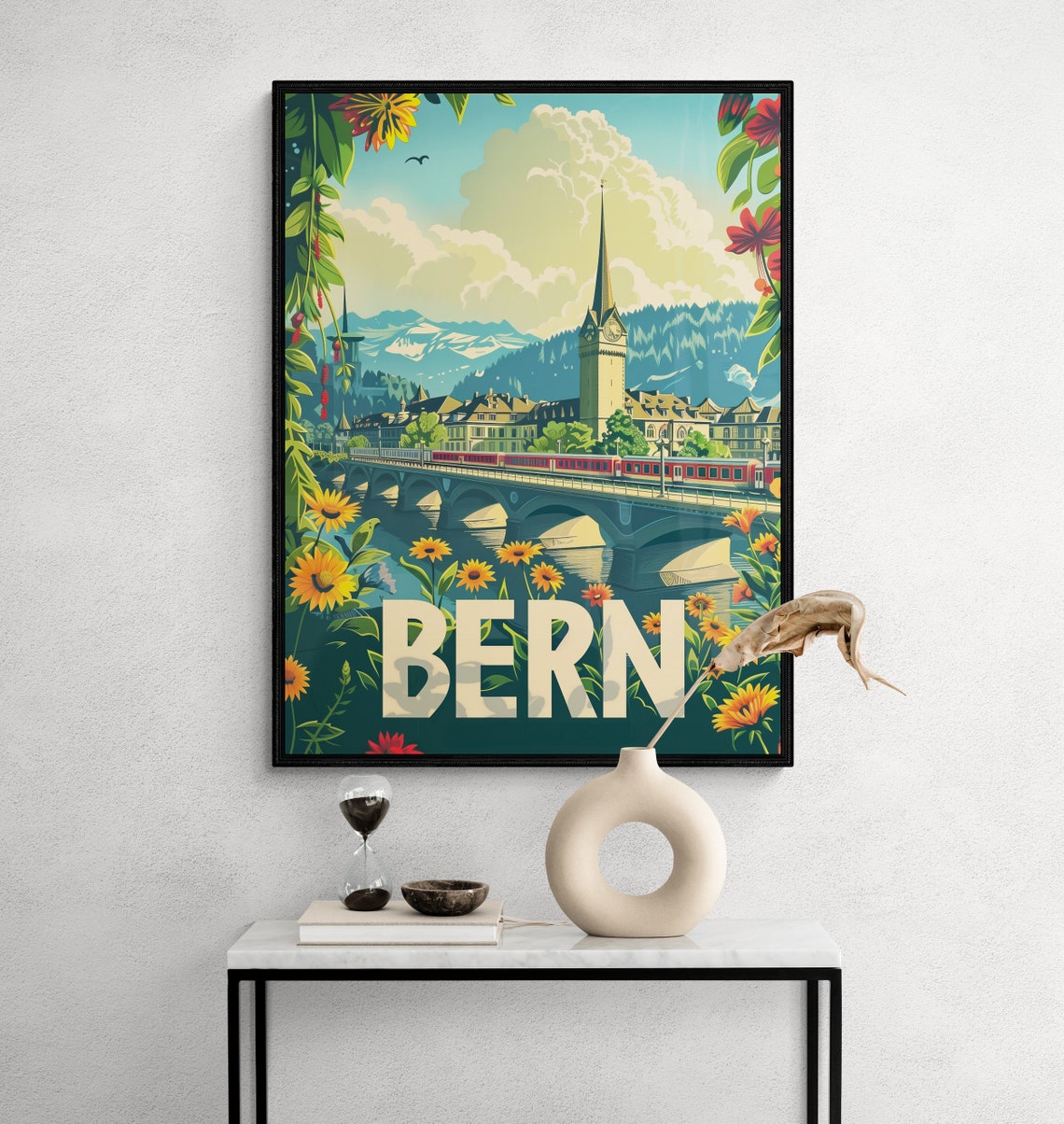 Bern Cathedral and Red Train Over Bridge Vintage Floral Travel Poster