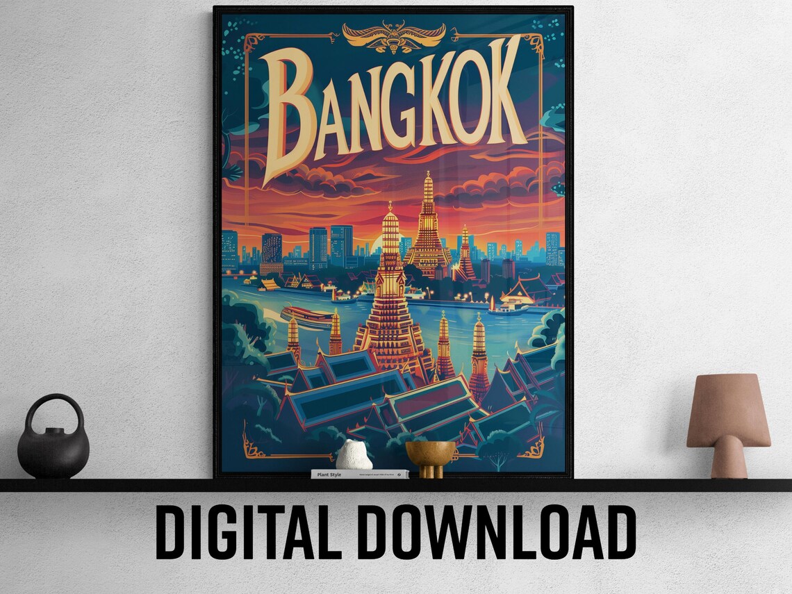 Bangkok Thailand Wat Arun Temple River Sunset Travel Poster Art