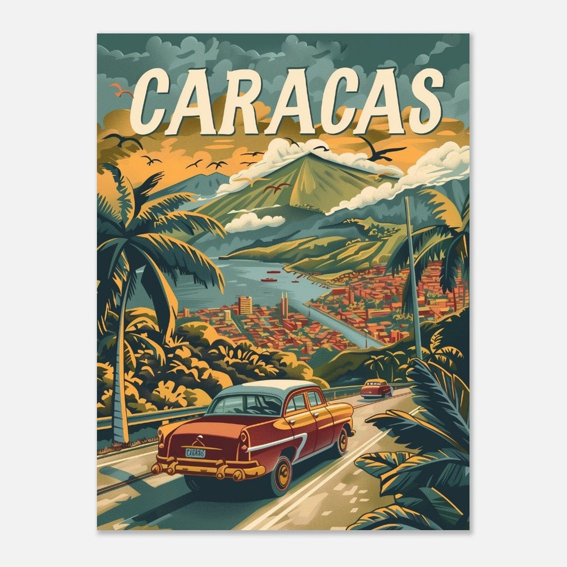 Caracas Classic Car Coastal Mountain Retro Travel Wall Poster - Image 2