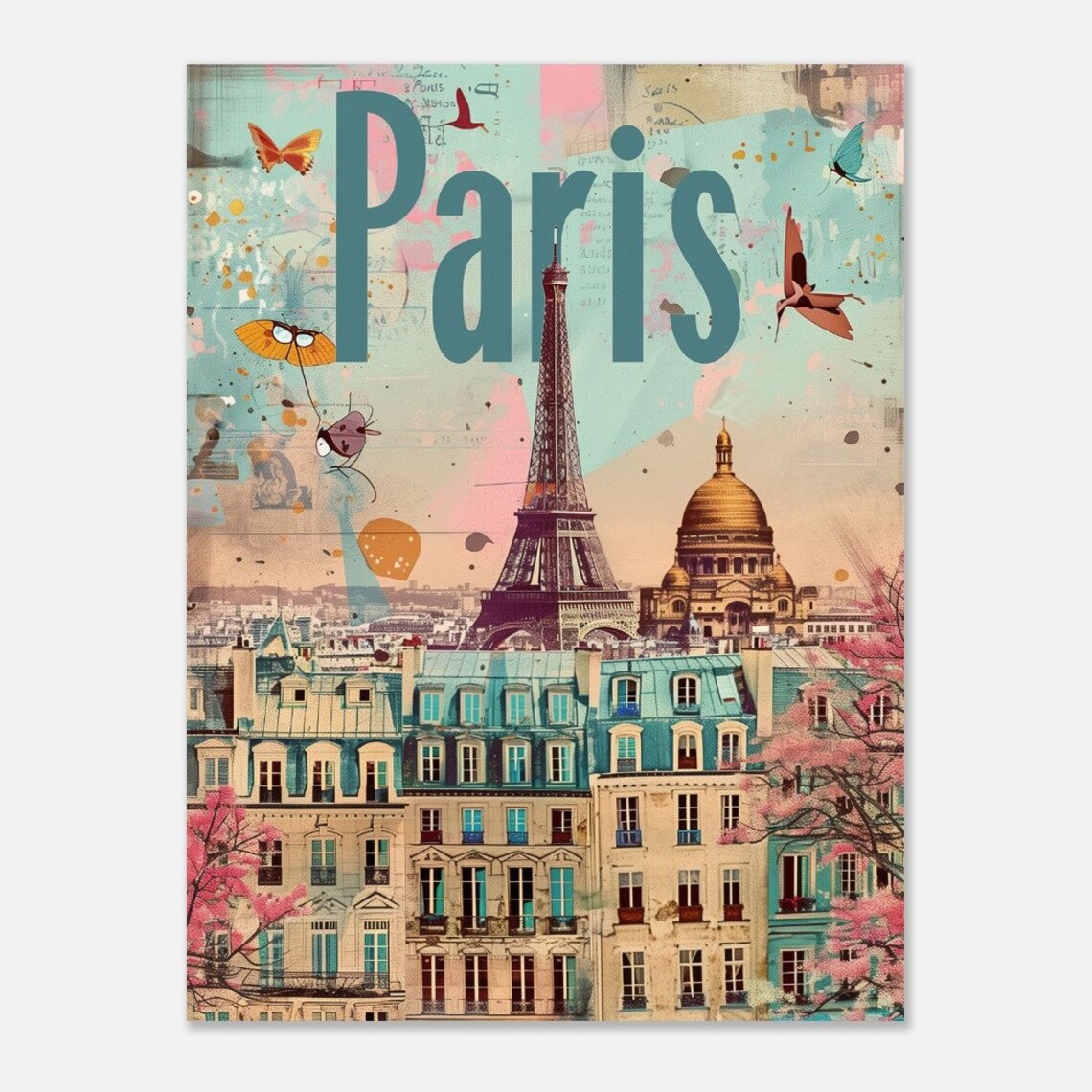 Paris Eiffel Tower Butterfly Collage Teal Vintage France Travel Poster - Image 2