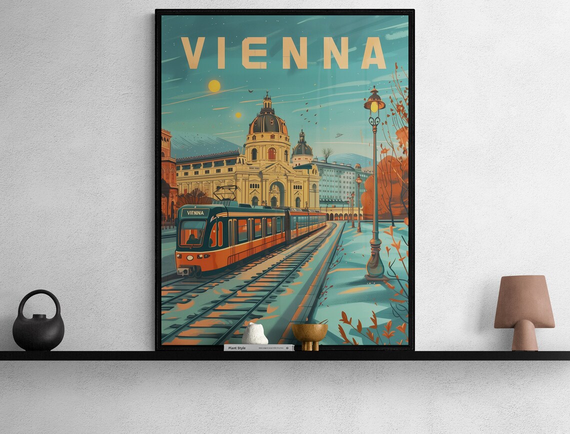 Vienna Evening Tram and Historic Dome Building Vintage Night Poster - Image 3