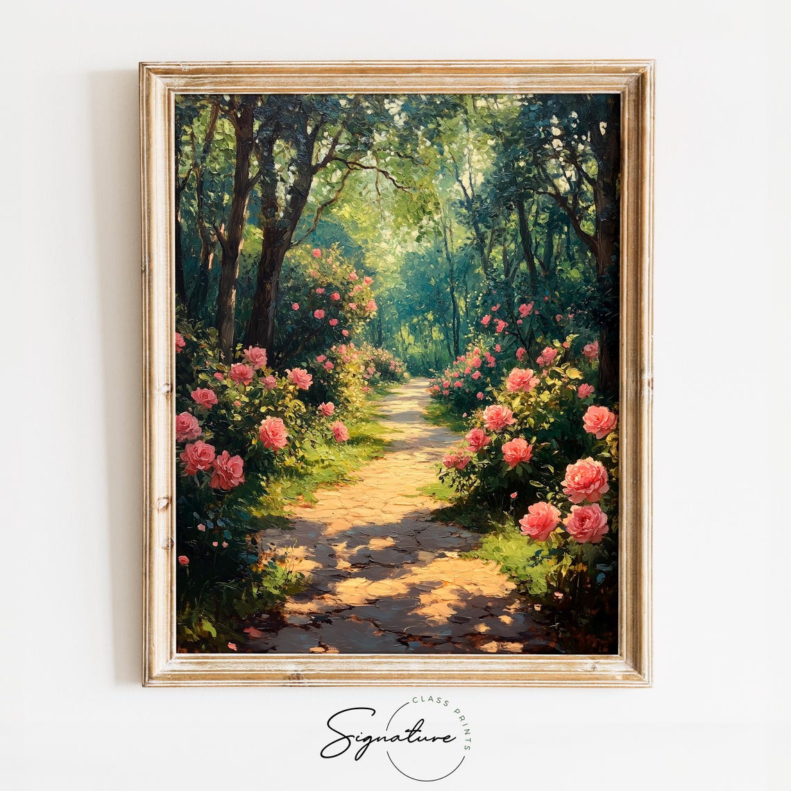 Sunlit Forest Path Lined With Blooming Pink Roses Woodland Poster