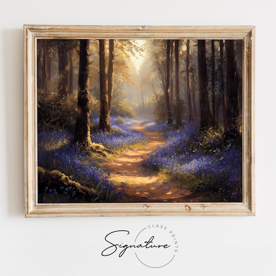 Sunlit Bluebell Wood Path Between Towering Forest Trees Wall Art
