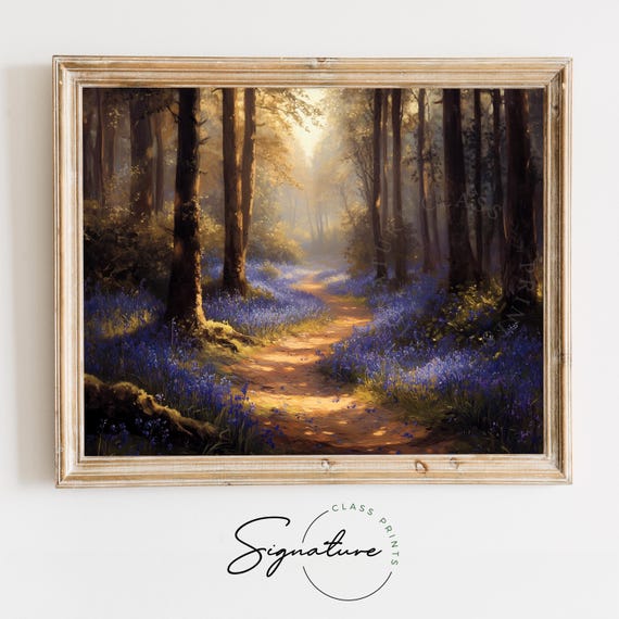 Vintage Bluebell Forest Wall Art Spring Woodland Path Print Moody Forest Decor Rustic Nature Scene Earthy Bluebell Art Print 1274