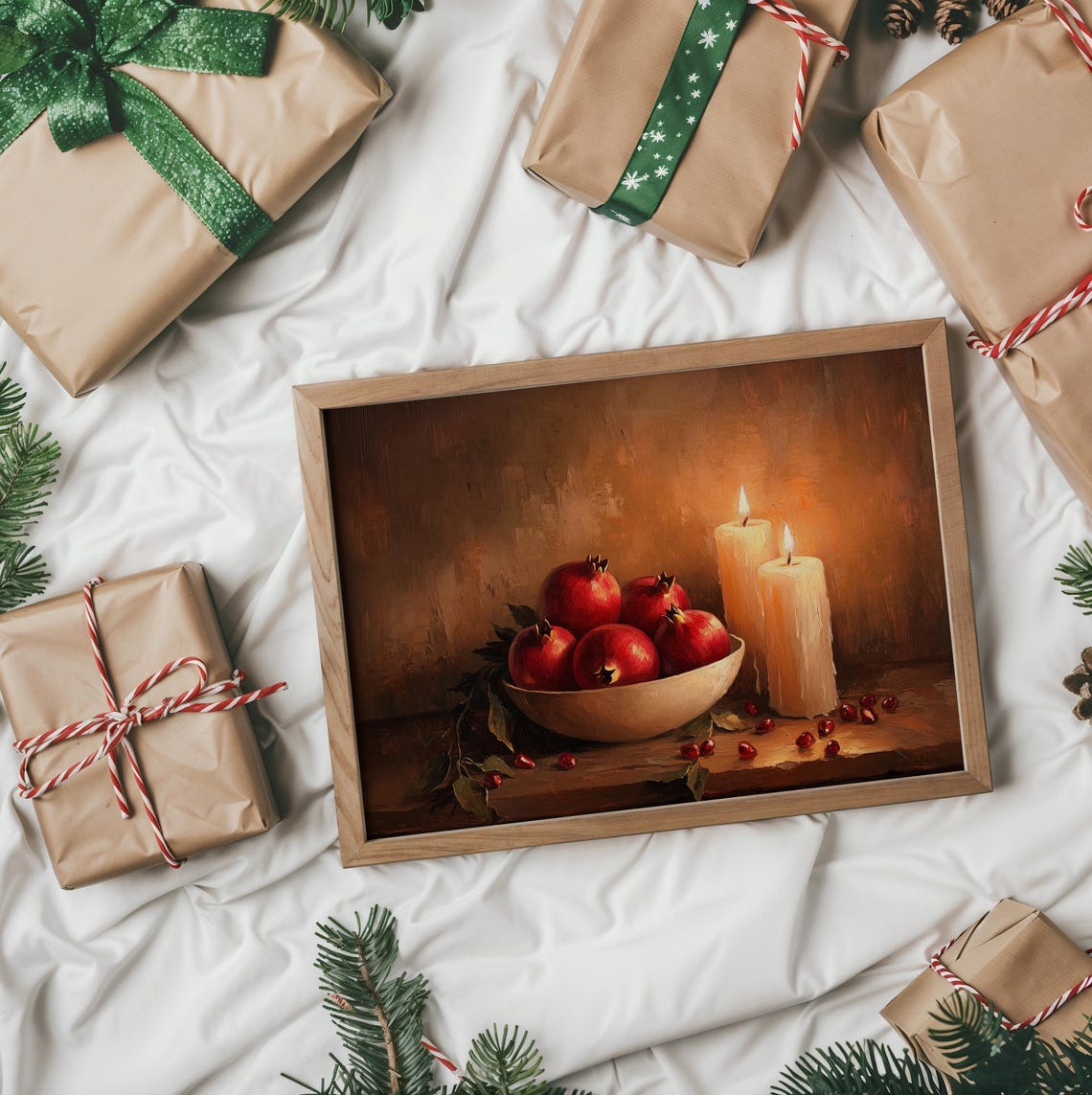 Pomegranate Bowl With Glowing Candles Rustic Autumn Still Life Poster - Image 2