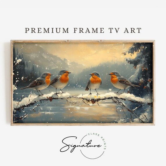 Winter Robin Bird Art Snowy Scene Tv Art Frame Tv Art Rustic Moody Nature Painting Deep Colors Cozy Wall Decor 3412