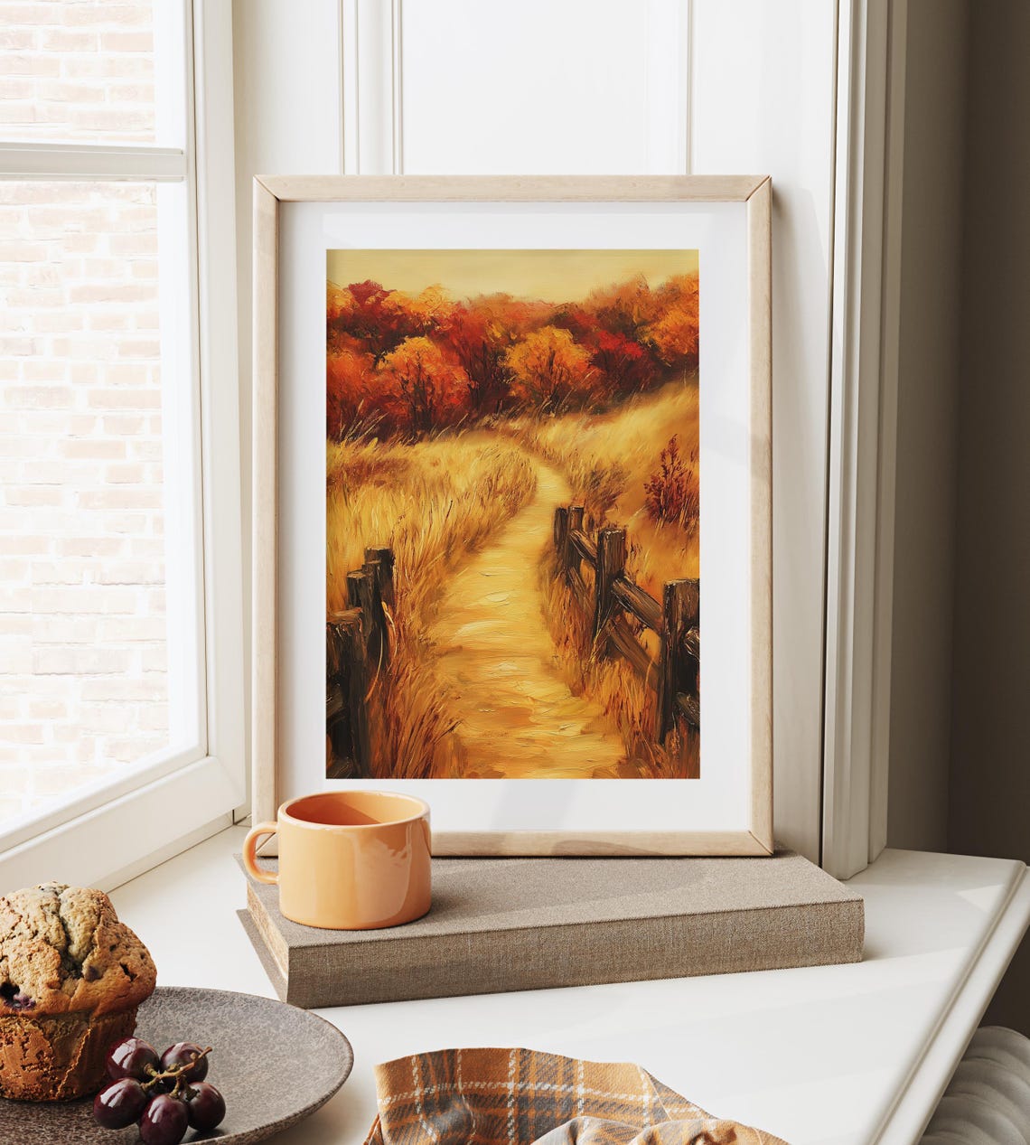 Golden Country Path with Split Rail Fences and Crimson Trees Poster - Image 6