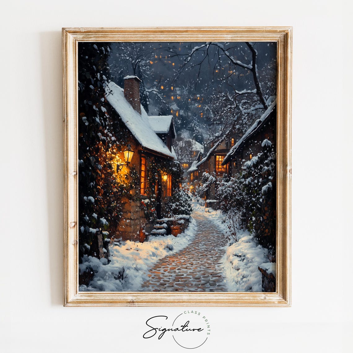 Snowy Cobblestone Alley at Night with Glowing Cottages Poster