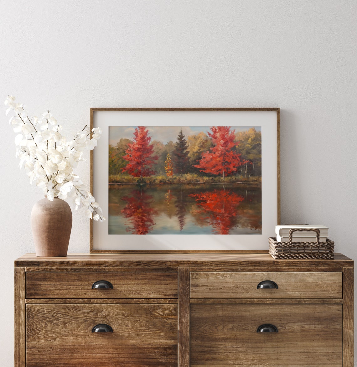 Twin Scarlet Red Maples Reflected In Calm Forest Pond Poster - Image 3