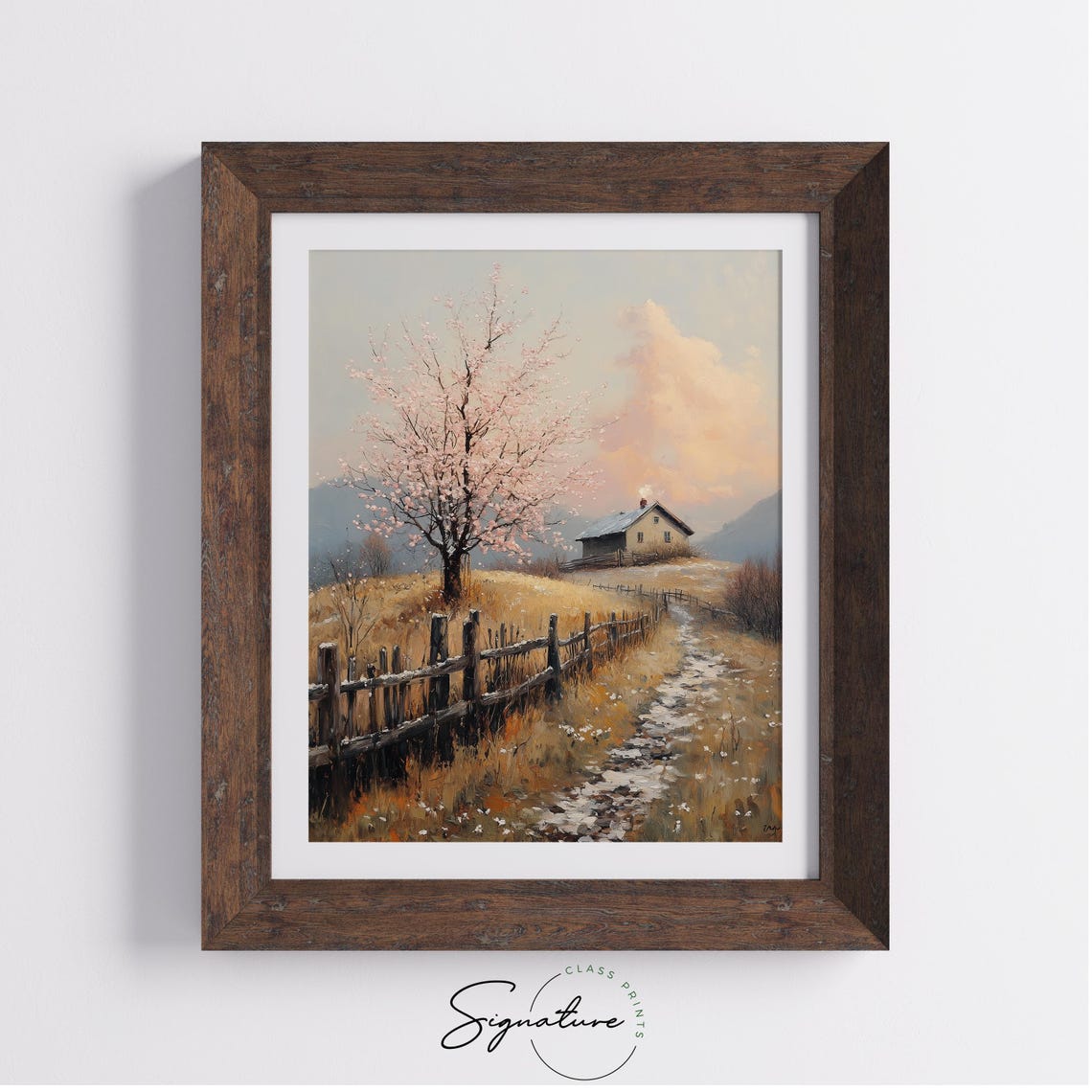 Cottage On A Quiet Hillside Rustic Autumn Fence Cherry Blossom Poster - Image 3