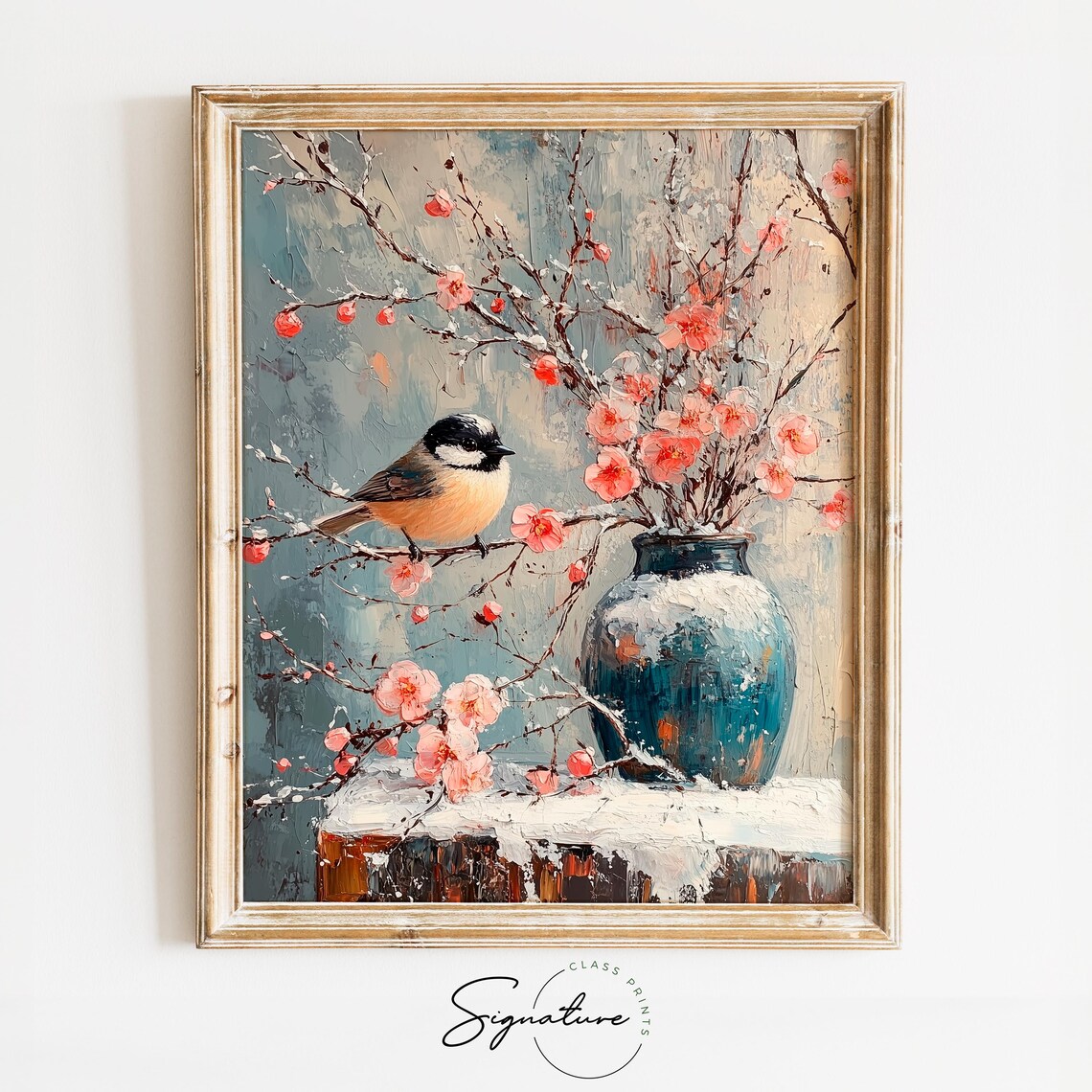 Chickadee Perched on Pink Blossom Branch Winter Oil Painting Print