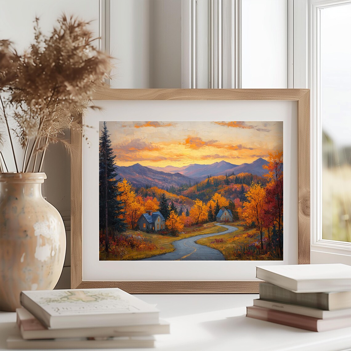 Autumn Mountain Road Sunset Cabins Oil Painting Landscape Poster - Image 2