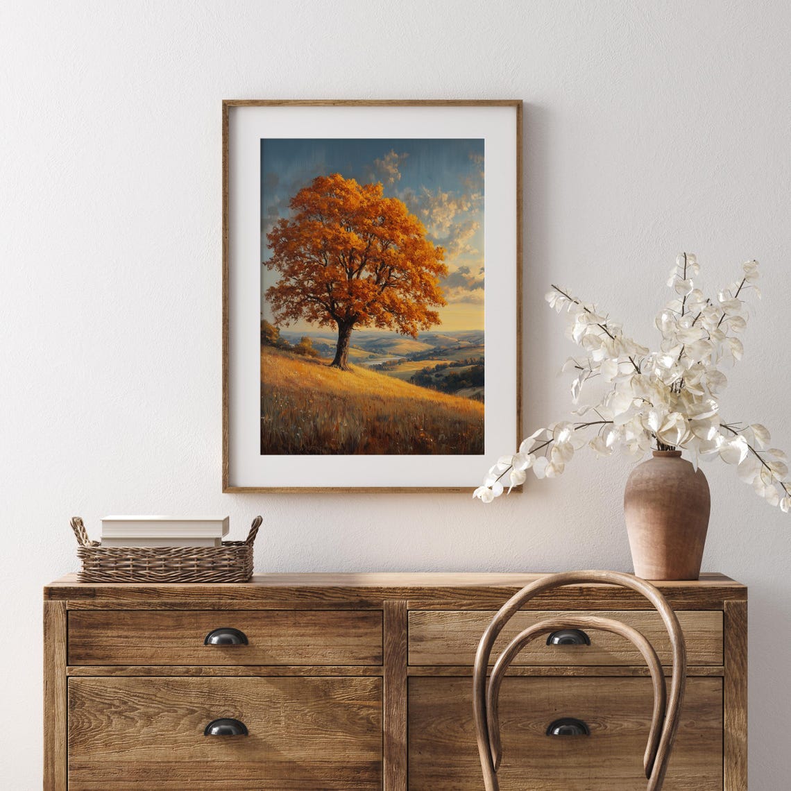 Lone Autumn Tree Sunset Hilltop Golden Farmland Valley View Poster - Image 5
