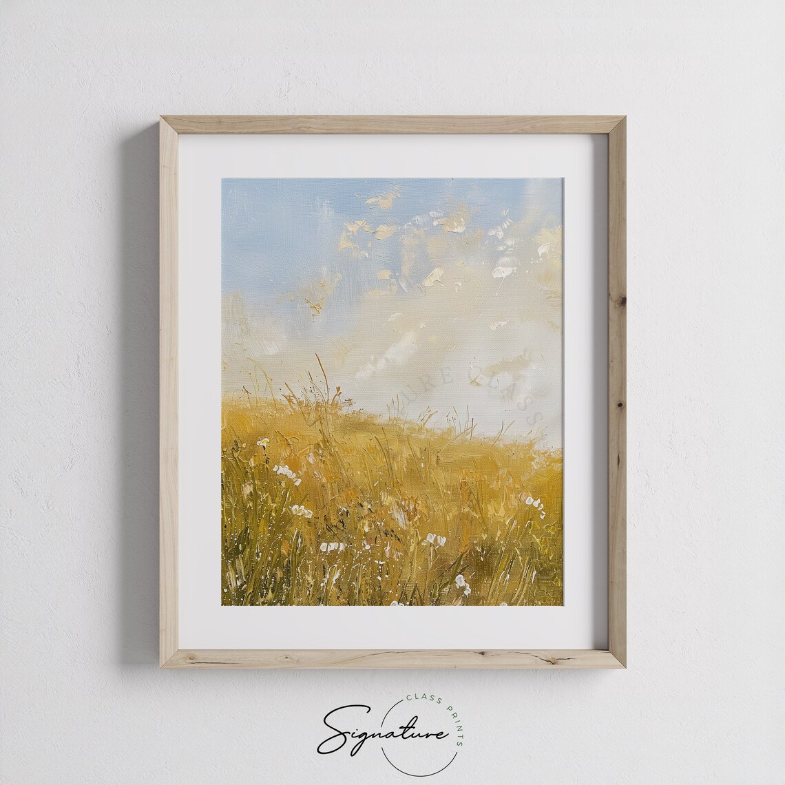 Golden Wheat Field with White Wildflowers Under Blue Sky Poster - Image 3
