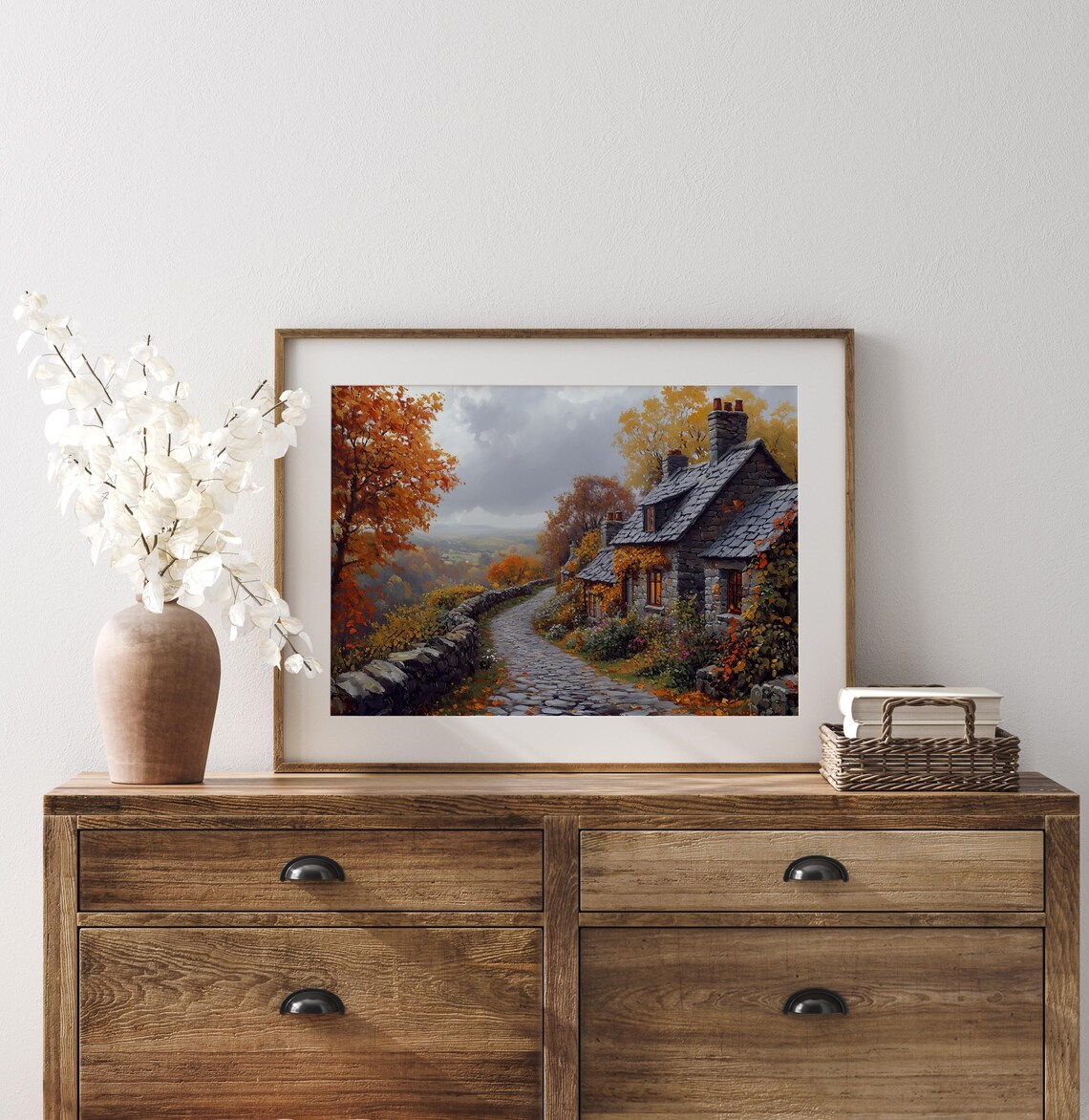 Autumn Stone Cottage Painting Cobblestone Path Fall Foliage Decor Poster - Image 3