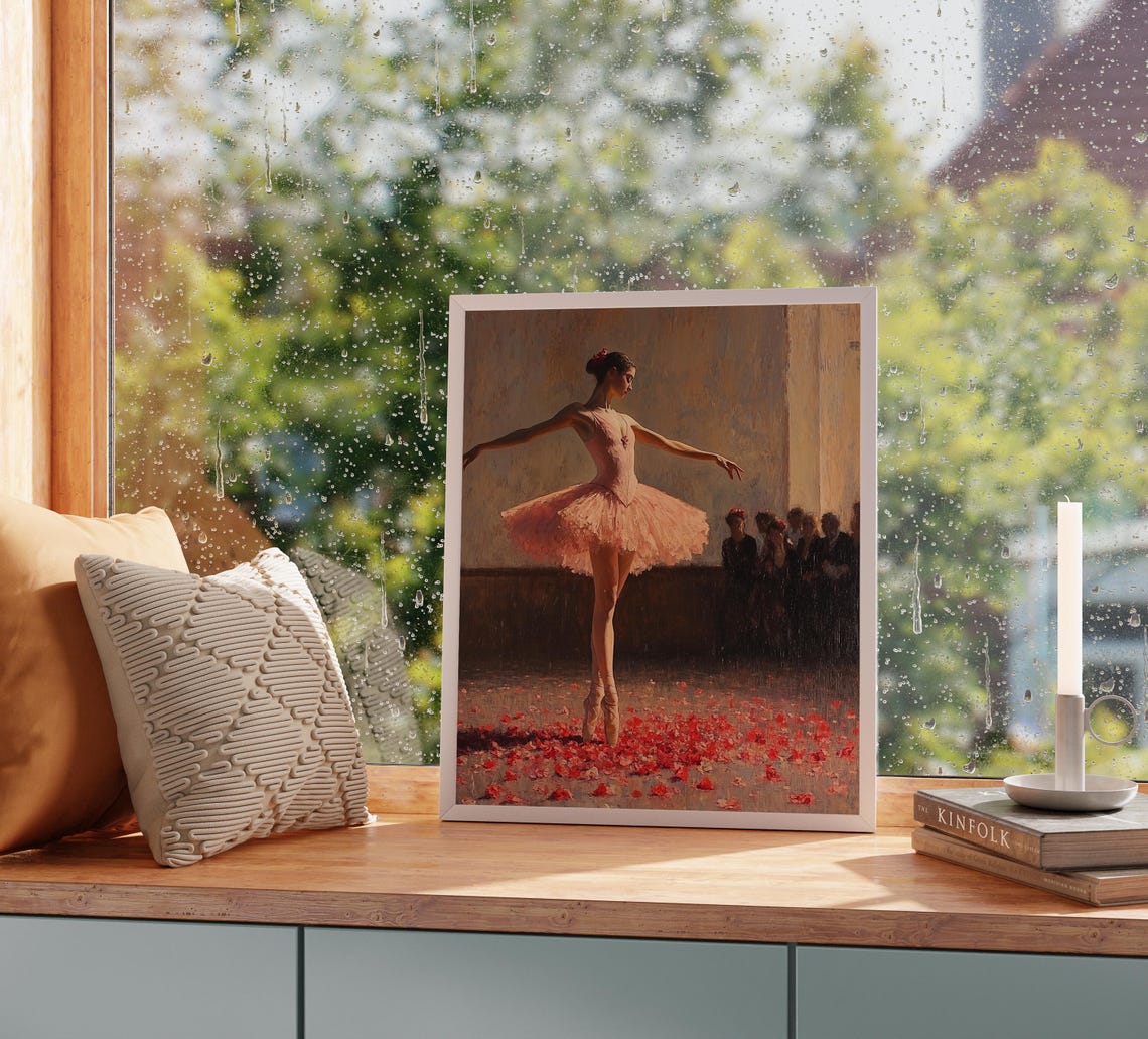 Ballet Dancer in Pink Tutu Scattered Rose Petals Stage Poster - Image 3