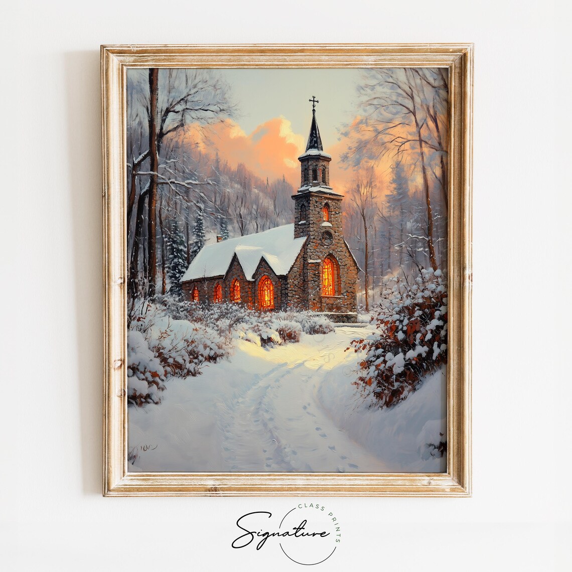 Historic Stone Church In Snow, Rustic Holiday Print