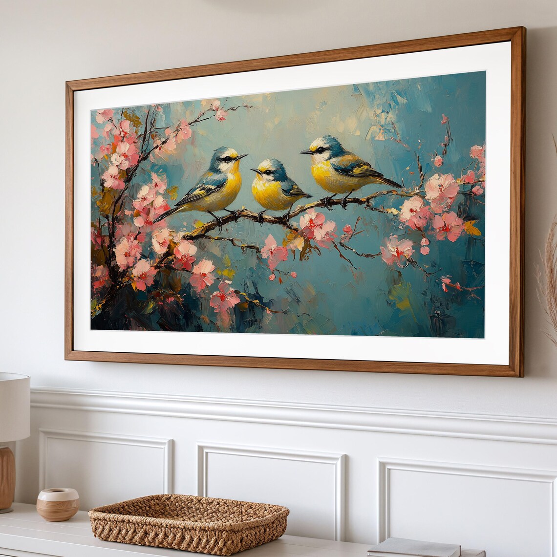 Goldcrest Trio On Cherry Blossom Branch Spring Bird Painting Art Poster - Image 2