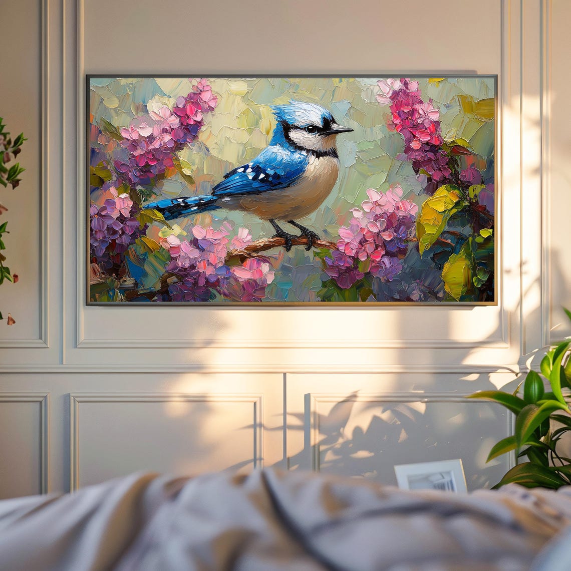 Blue Jay On Lilac Bloom Branch Impasto Colorful Bird Art Poster - Image 4