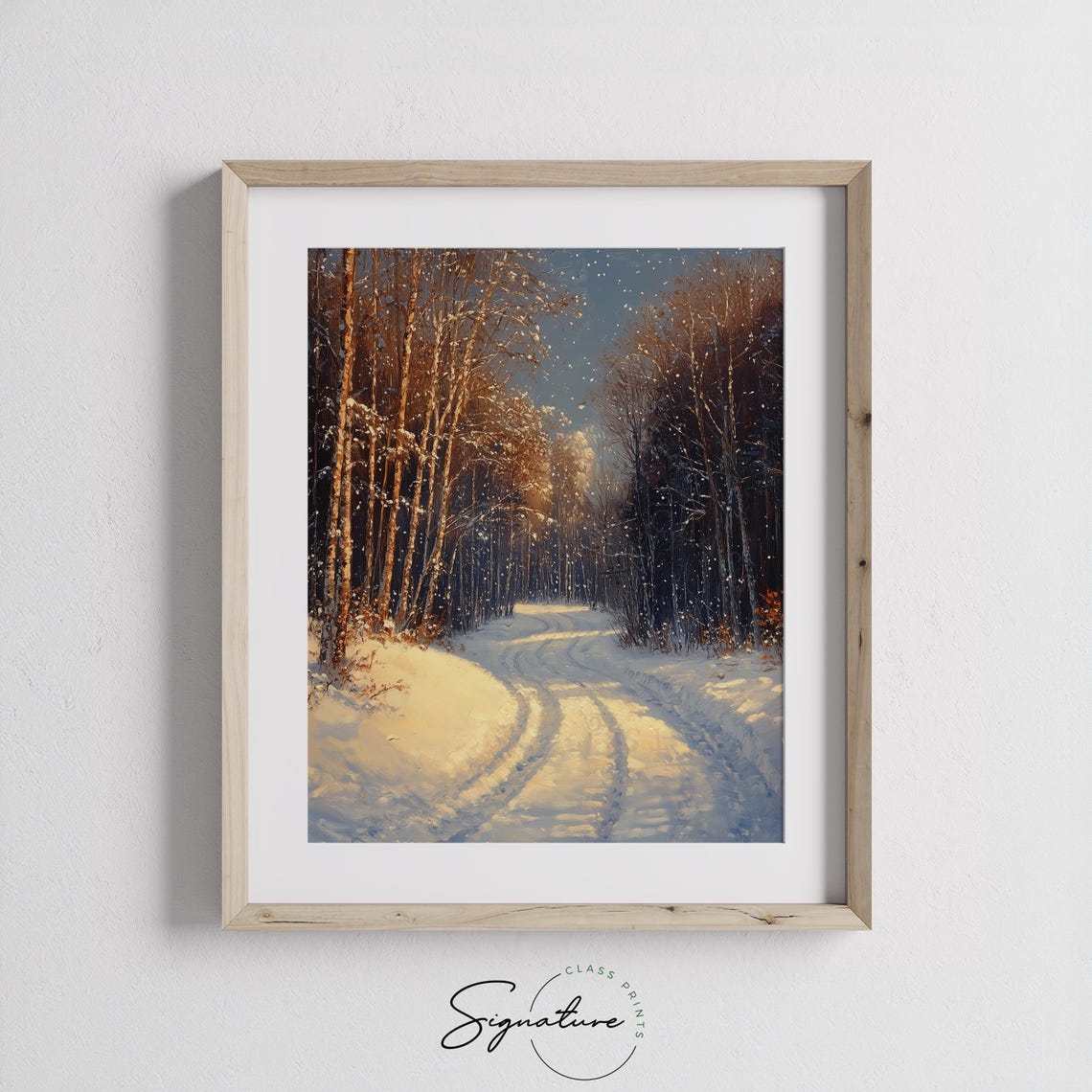 Sunlit Snowy Birch Forest Road in Golden Winter Light Poster - Image 2