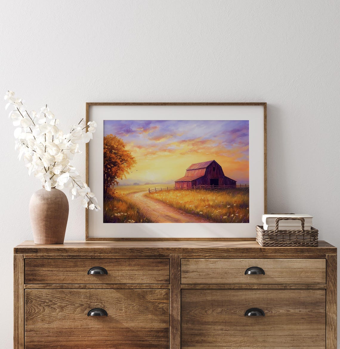 Red Barn At Golden Sunset Country Road Rustic Landscape Poster - Image 2