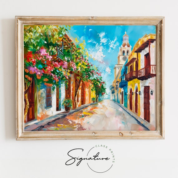 Cartagena Colombia Street Scene Art Print, Colorful Cityscape