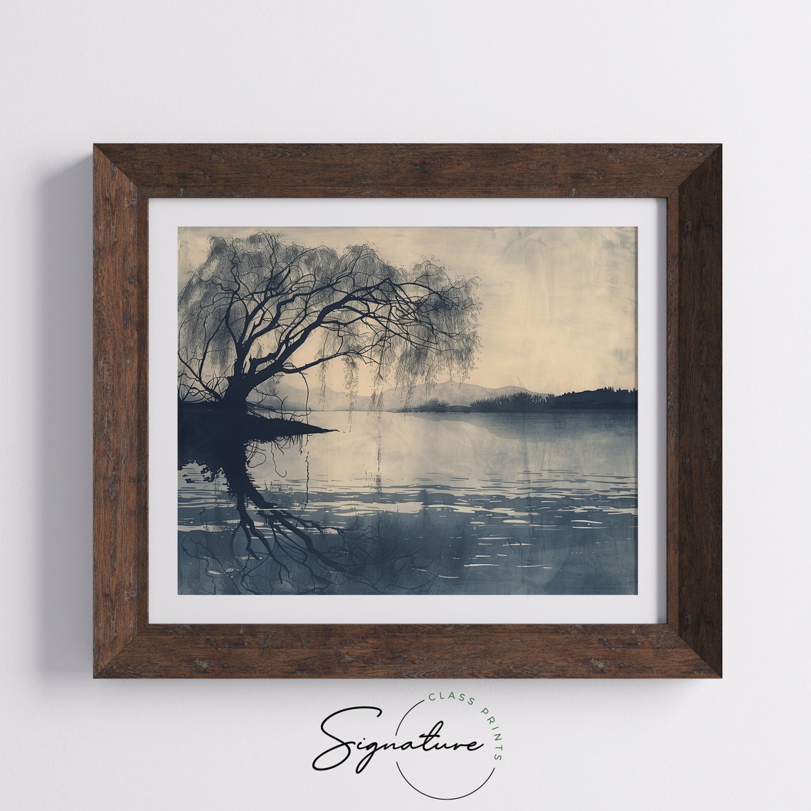 Willow Tree Over Calm Lake in Blue Grey Tones Vintage Art Poster - Image 5