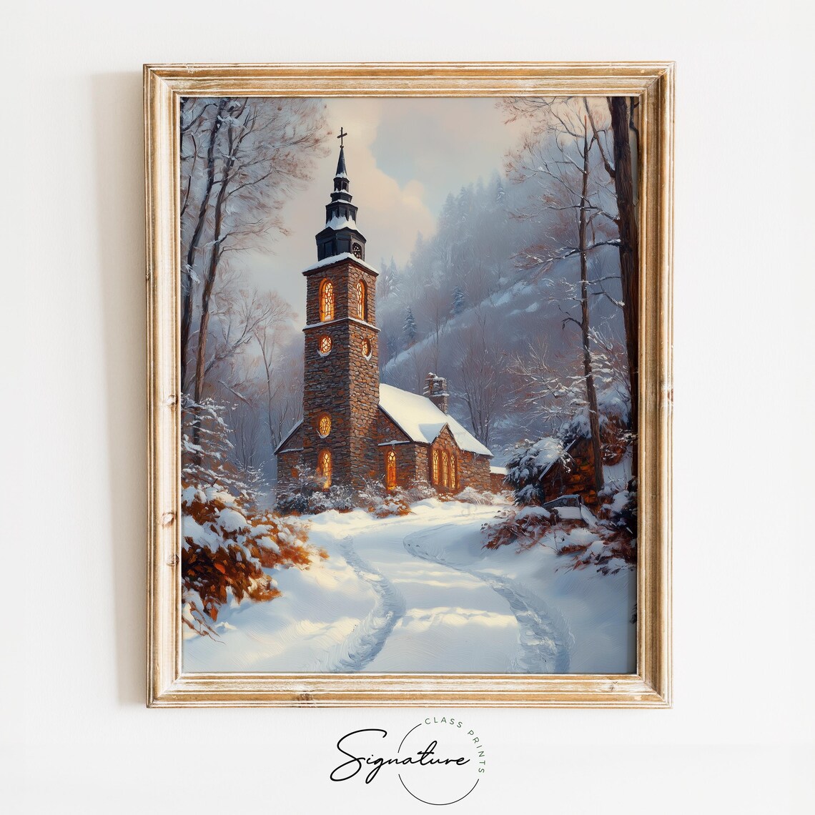 Snowy Stone Church With Glowing Windows And Tall Spire Winter Wall Art