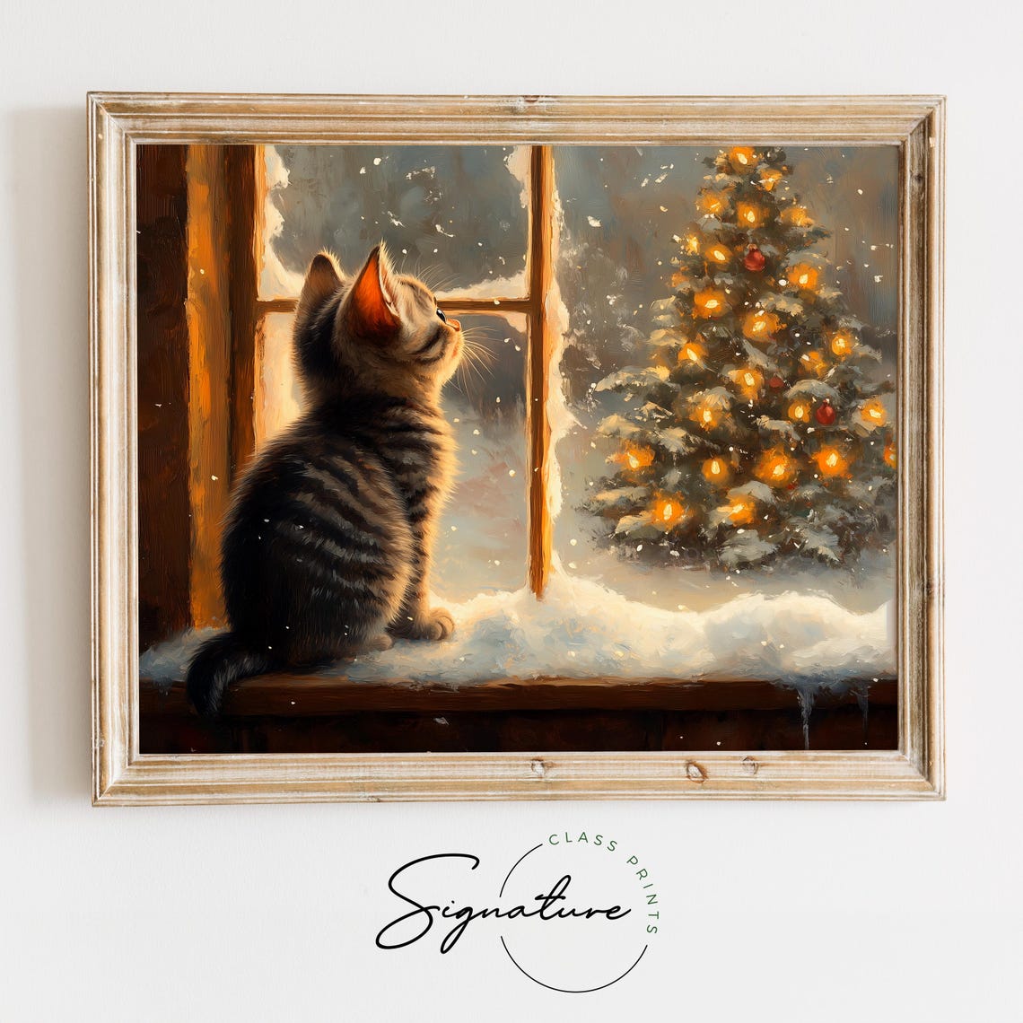 Tabby Kitten Watching Snowfall from a Warm Snowy Windowsill Poster