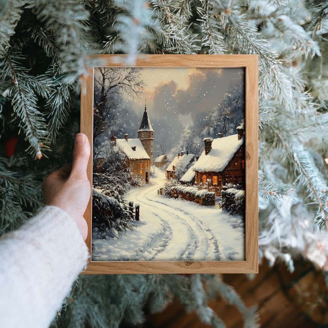 Snowy Village Lane With Church Tower Winter Christmas Dusk Poster - Image 6