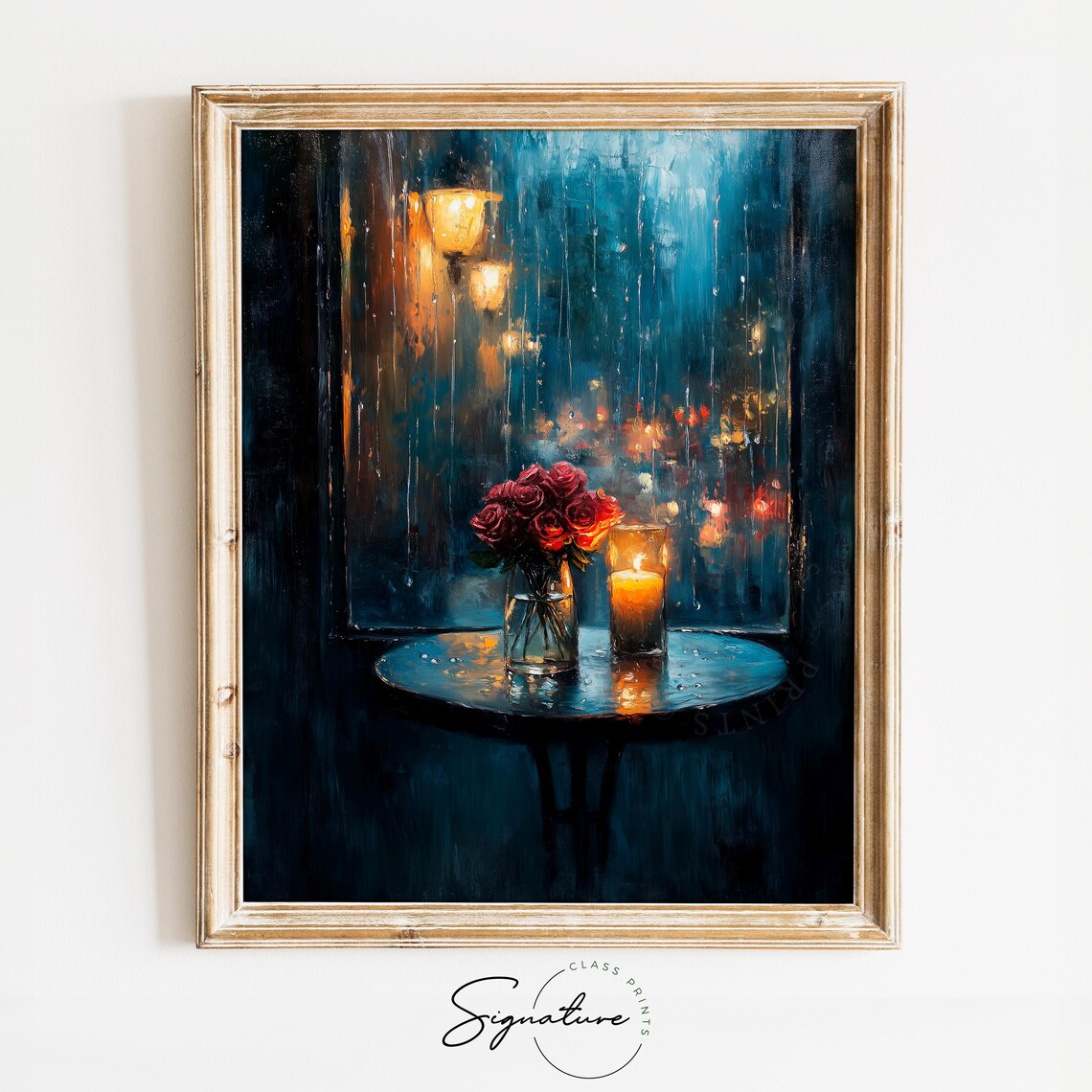 Rainy Valentines Day Cafe With Candlelight Romantic Moody Wall Art Cottagecore Painting Rustic Cafe Decor Art 3563