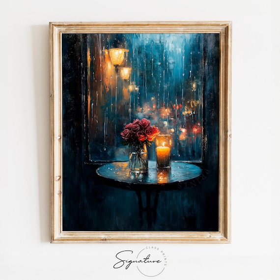 Rainy Valentines Day Cafe With Candlelight Romantic Moody Wall Art Cottagecore Painting Rustic Cafe Decor Art 3563